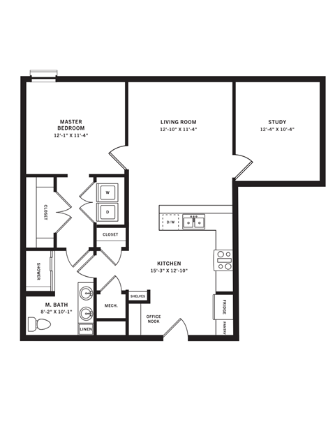 Floor plan for 1 bed, 1 bath, 967 sqft