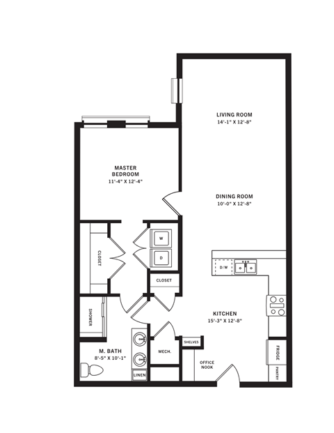 Floor plan for 1 bed, 1 bath, 955 sqft