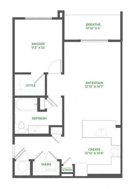 Floor plan for 1 bed, 1 bath, 777 sqft