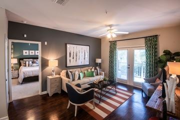 Arden apartment for rent - A living room with a black and white striped rug and a black chair.