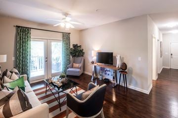 Arden apartment for rent - A living room with a striped rug and a black and white chair.