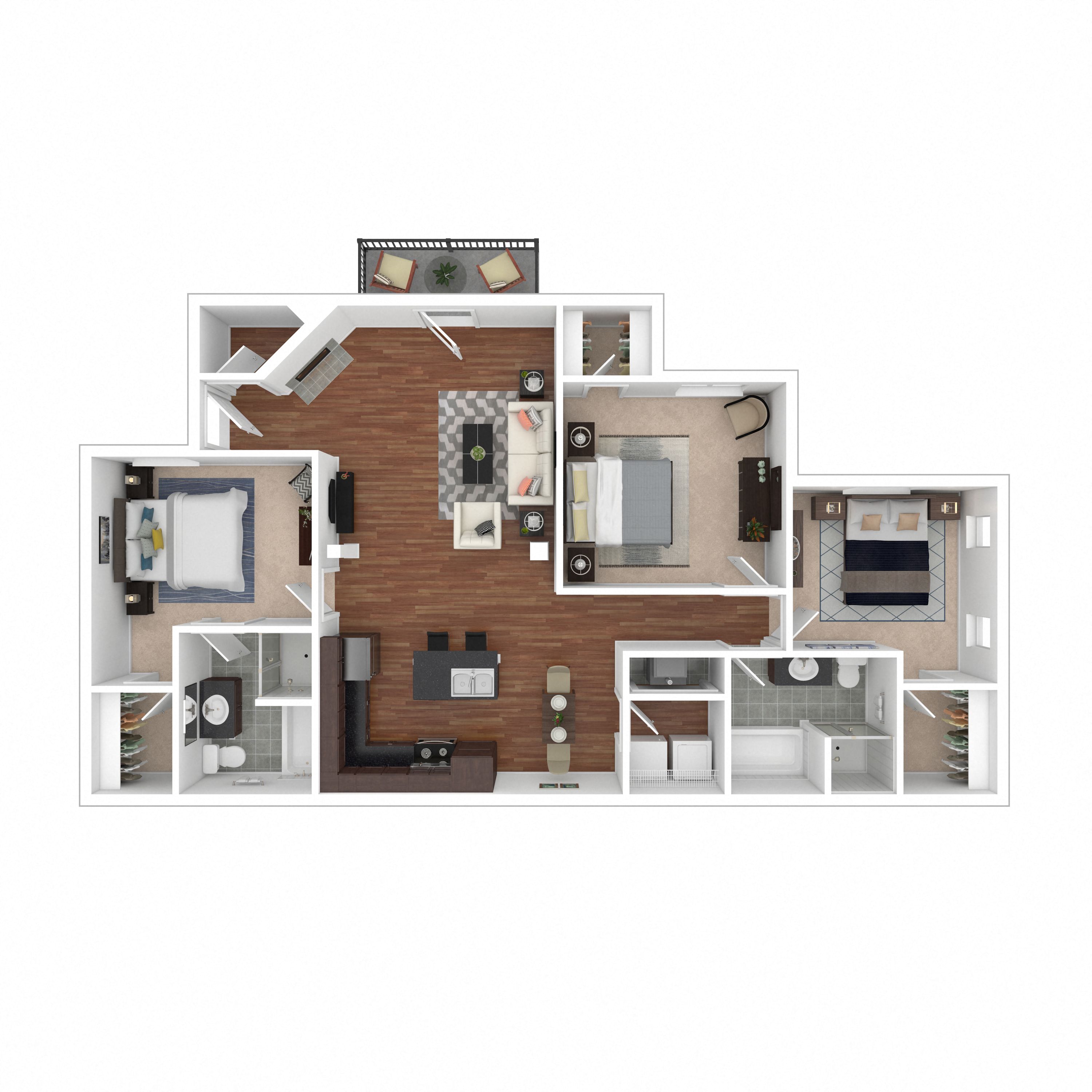 Floor plan for 3 beds, 2 baths, 1436 sqft