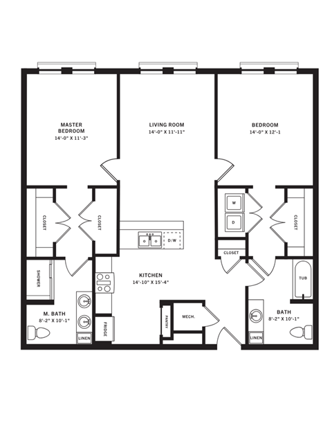Floor plan for 2 beds, 2 baths, 1291 sqft