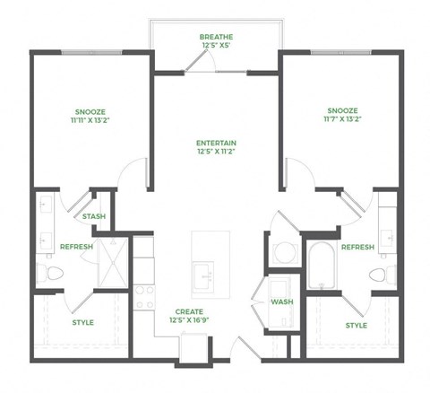 Floor plan for 2 beds, 2 baths, 1057 sqft