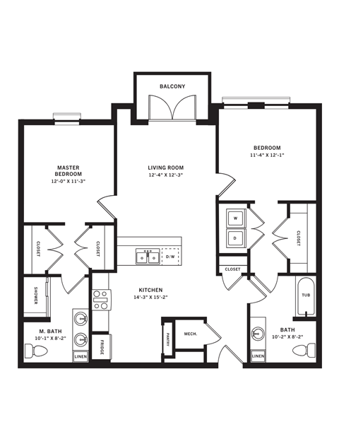 Floor plan for 2 beds, 2 baths, 1168 sqft