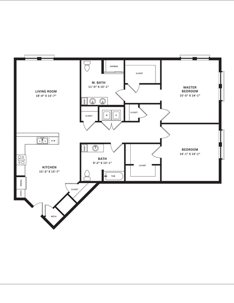 Floor plan for 2 beds, 2 baths, 1740 sqft