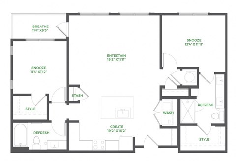 Floor plan for 2 beds, 2 baths, 1170 sqft