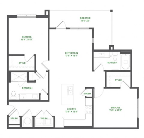 Floor plan for 2 beds, 2 baths, 1167 sqft
