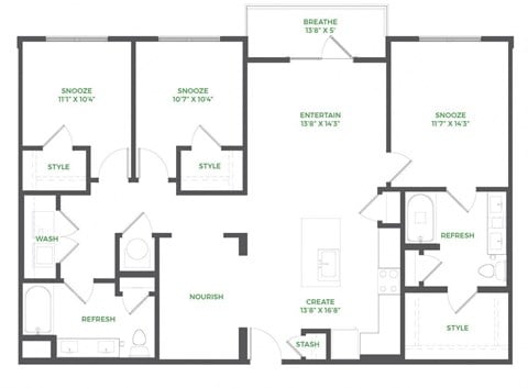 Floor plan for 3 beds, 2 baths, 1428 sqft