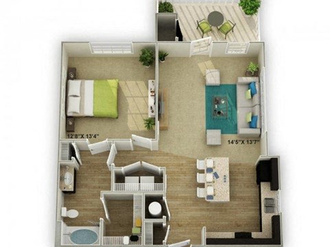 Floor plan for 1 bed, 1 bath, 802 sqft