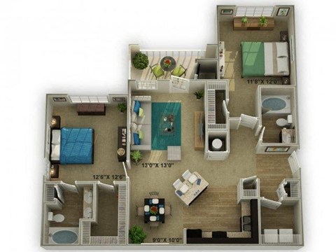 Floor plan for 2 beds, 2 baths, 1166 sqft