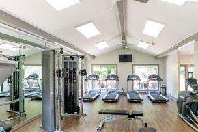 Roswell apartment for rent - Gym with treadmills and other exercise equipment and windows at 1900 Rosemont, Roswell, 30076