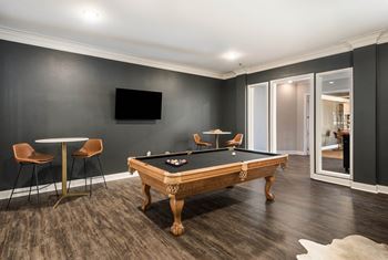 A games room with a pool table and a tv