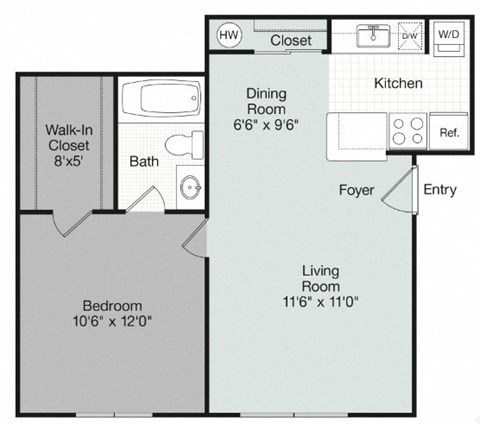 Floor plan for 1 bed, 1 bath, 580 sqft