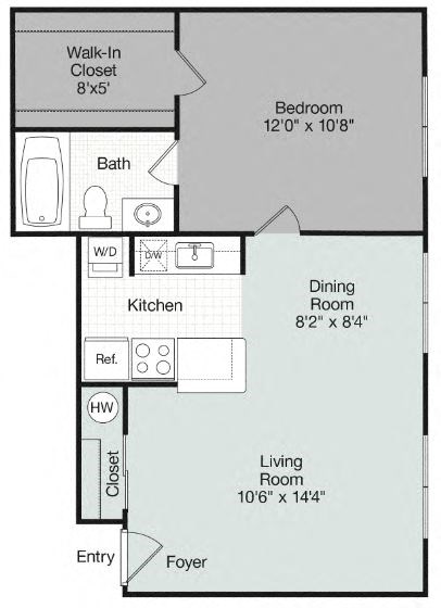 Floor plan for 1 bed, 1 bath, 585 sqft
