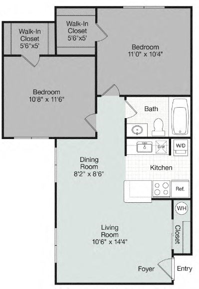 Floor plan for 2 beds, 1 bath, 750 sqft
