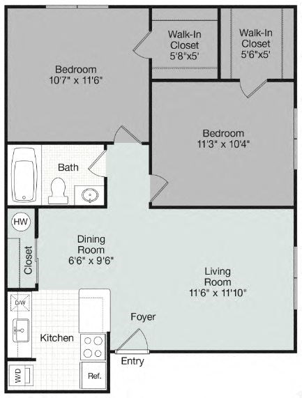 Floor plan for 2 beds, 1 bath, 765 sqft