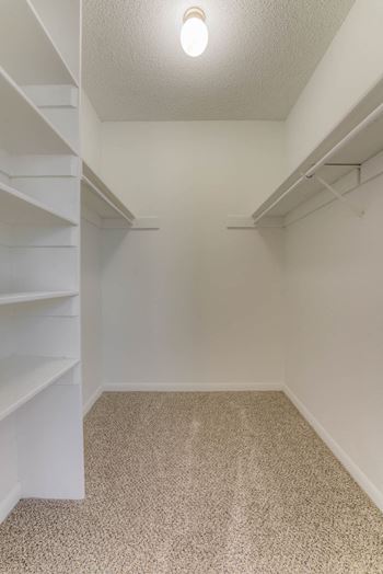 A walk in closet with shelves and a light