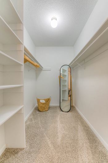 A walk in closet with shelves and a mirror