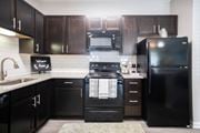 Savannah apartment for rent - a black and white kitchen with black appliances and black cabinets at Legends at Chatham Apartments, Savannah