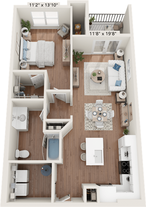Floor plan for 1 bed, 1 bath, 886 sqft