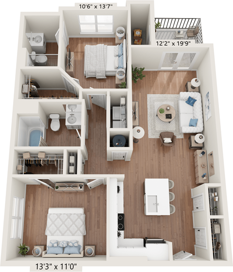 Floor plan for 2 beds, 2 baths, 1124 sqft