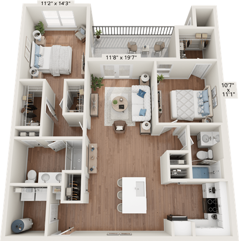 Floor plan for 2 beds, 2 baths, 1235 sqft