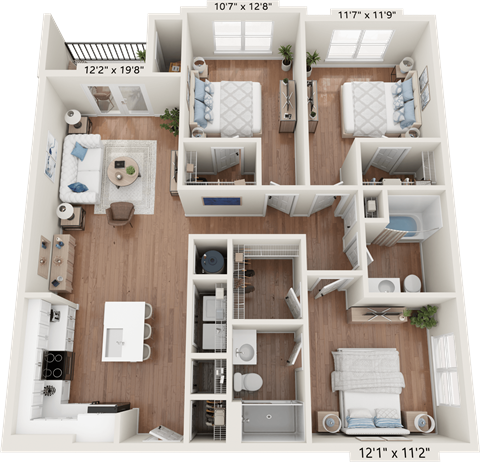Floor plan for 3 beds, 2 baths, 1338 sqft