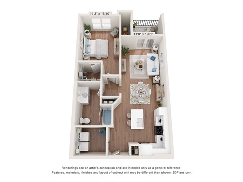 Floor plan for 1 bed, 1 bath, 886 sqft