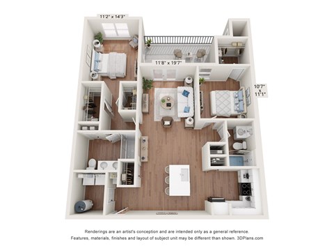 Floor plan for 2 beds, 2 baths, 1235 sqft