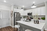 Spartanburg apartment for rent - A kitchen with white cabinets and a white island.