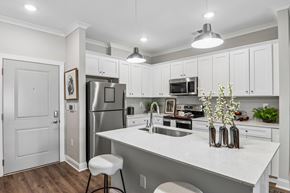 Spartanburg apartment for rent - A kitchen with white cabinets and a white island.