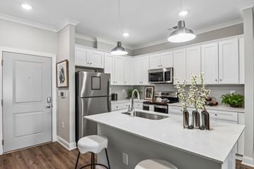 Spartanburg apartment for rent - A kitchen with white cabinets and a white island.