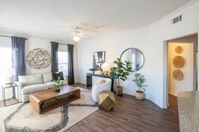Cordova apartment for rent - Living room with modern furniture and decorative mirror at Trailside at Greenline Apartments, Cordova, 38018