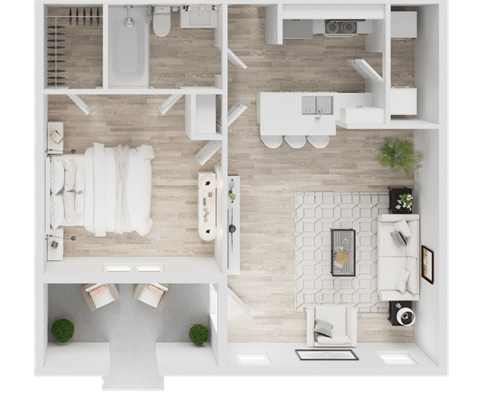 Floor plan for 1 bed, 1 bath, 662 sqft