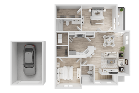 Floor plan for 2 beds, 2 baths, 1042 sqft