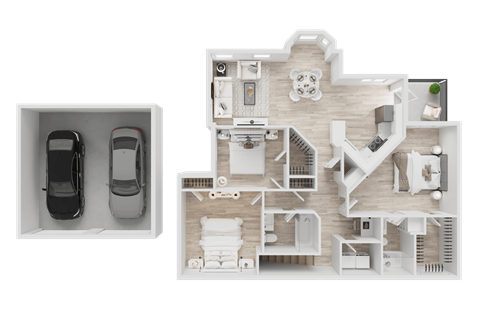 Floor plan for 3 beds, 2 baths, 1393 sqft
