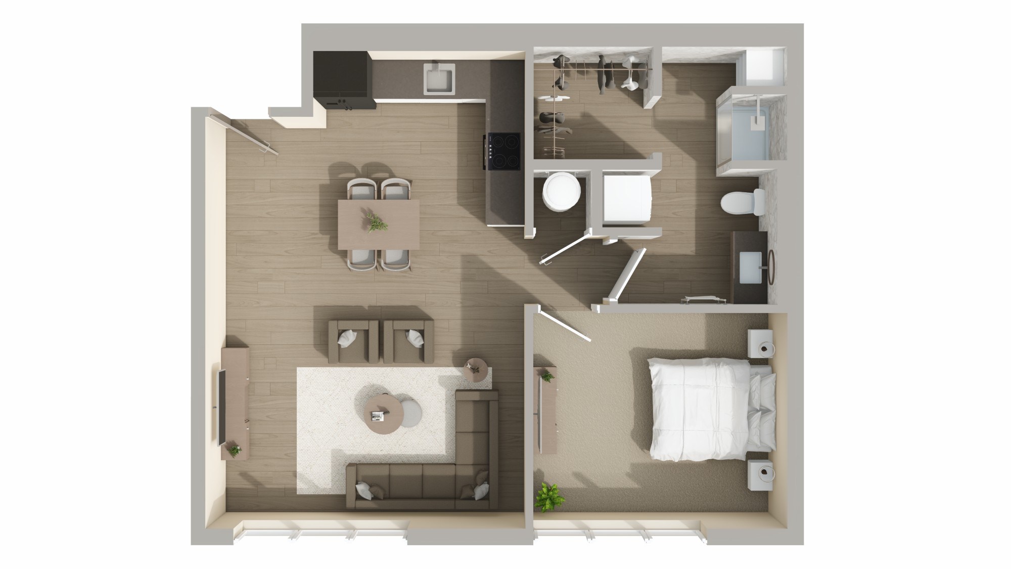 Floor plan for 1 bed, 1 bath, 734 sqft