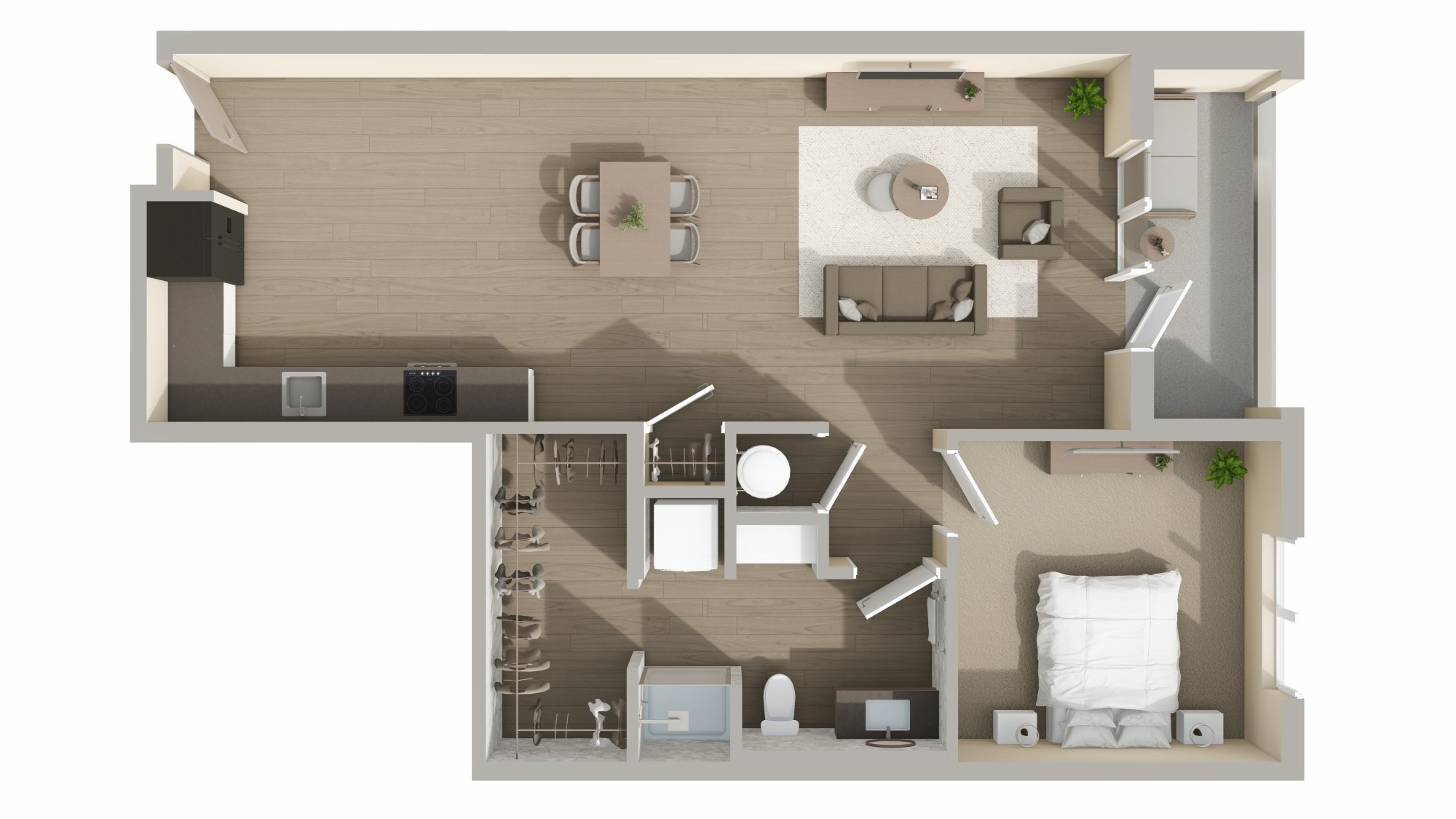Floor plan for 1 bed, 1 bath, 858 sqft