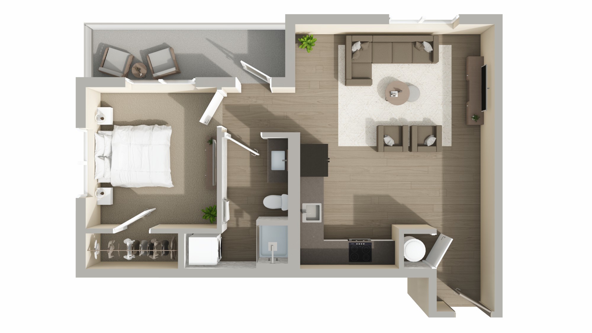 Floor plan for 1 bed, 1 bath, 683 sqft