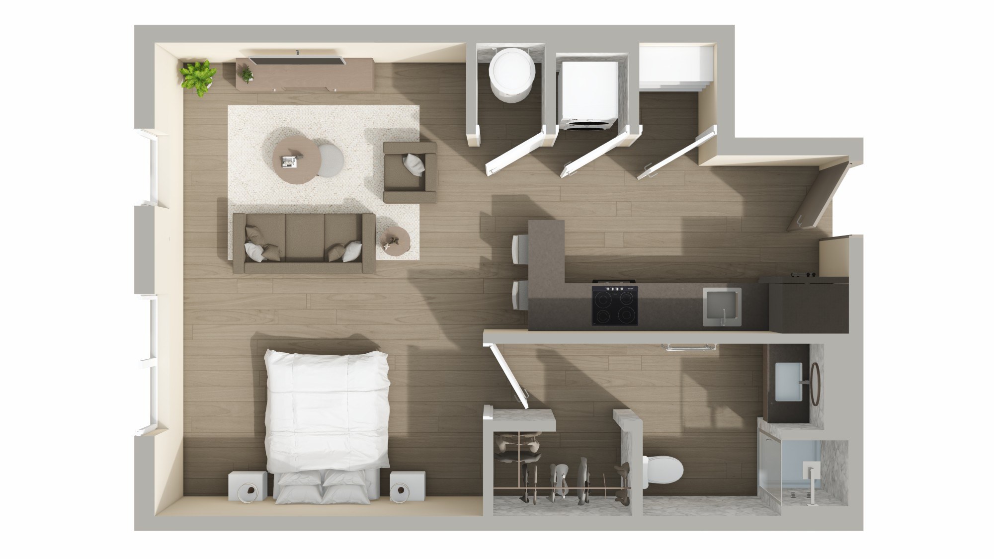 Floor plan for 1 bed, 1 bath, 581 sqft