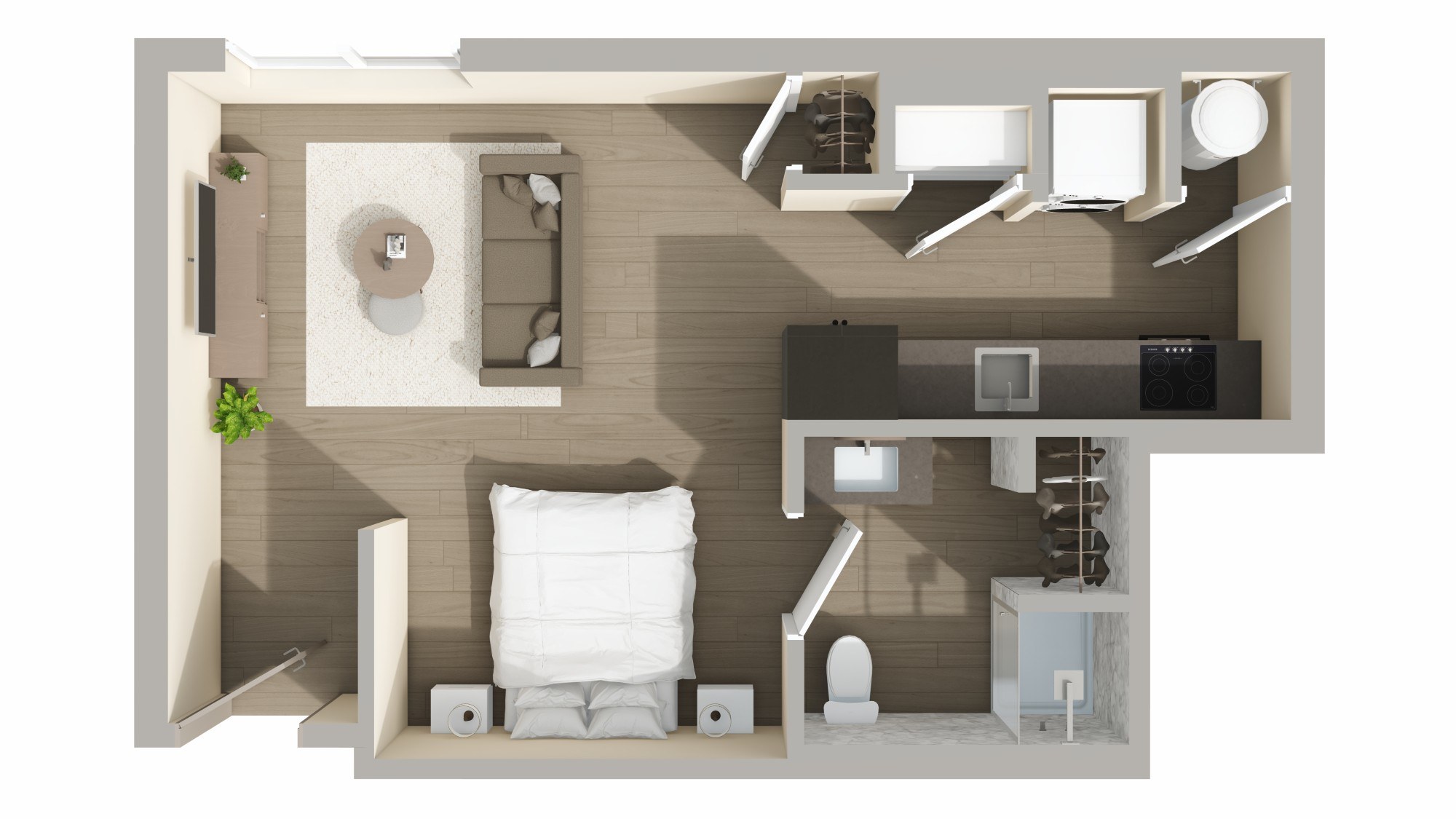 Floor plan for 1 bed, 1 bath, 481 sqft