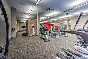 Memphis apartment for rent - A gym with a variety of exercise equipment including treadmills, elliptical machines, and weights at Highland Row Apartments, TN, 38111