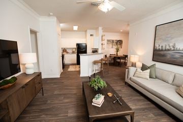 Hampton apartment for rent - A living room with a couch, coffee table, and a painting on the wall.