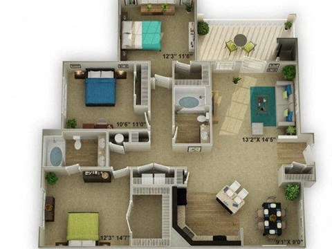 Floor plan for 3 beds, 2 baths, 1362 sqft