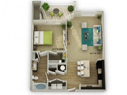 Floor plan for 1 bed, 1 bath, 792 sqft