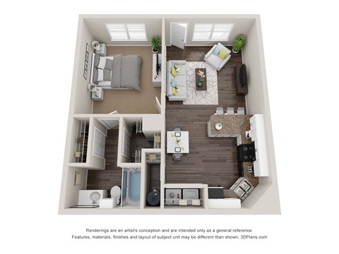 Floor plan for 1 bed, 1 bath, 665 sqft