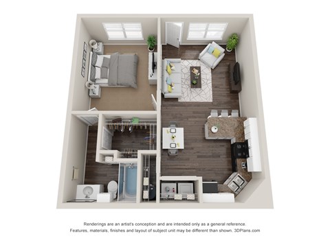 Floor plan for 1 bed, 1 bath, 667 sqft