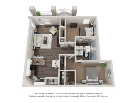 Floor plan for 2 beds, 2 baths, 1043 sqft