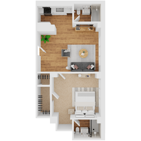 Floor plan for 1 bed, 2 baths, 672 sqft